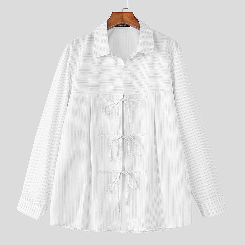 INCERUN Men Striped Shirt Lapel Long Sleeve Lace Up Hollow Out Men Clothing Oversize Korean Style Streetwear Casual Shirts Men
