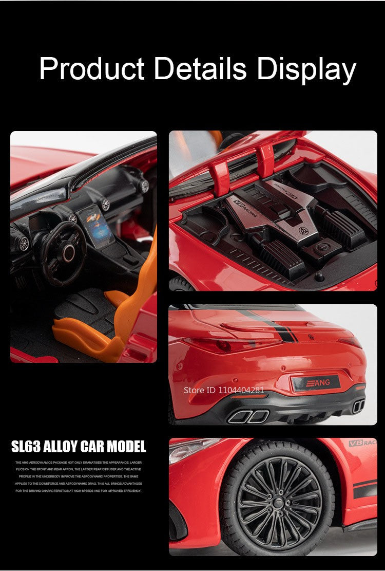 Miniatura de Carro de Brinquedo SL63 G800 na Escala 1:22, Veículos de Liga Fundida, Direção nas Rodas Dianteiras, Som, Luz, Fricção, Modelos para Presente Adulto