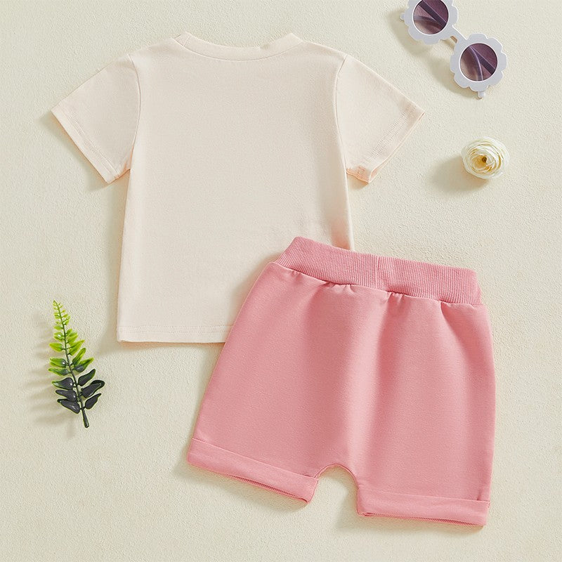 Adorable Infant Girl Casual Wear Set with Cute Printed Tee and Matching Solid Color Shorts for Summer Fun