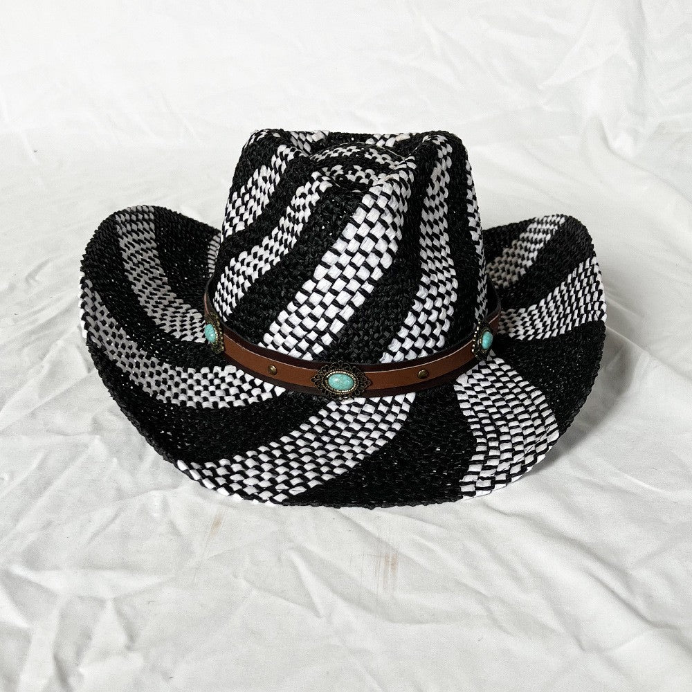 Ethnic Style Contrast Color Straw Cowboy Hat Mens Wide Brim Western Caps with Belt for Outdoor Party Vacation Sun Hats