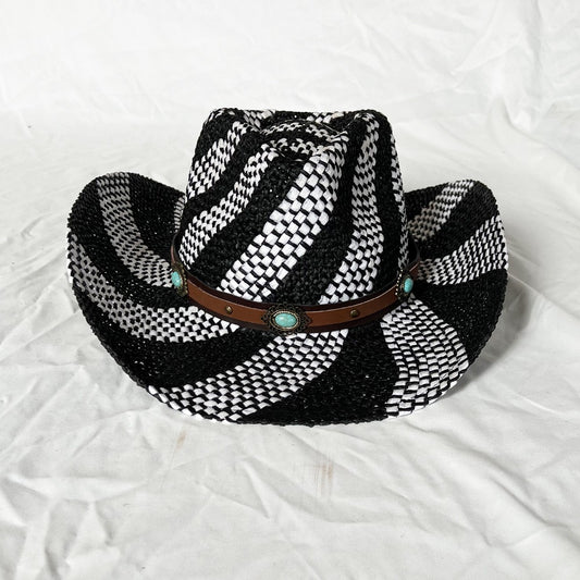 Ethnic Style Contrast Color Straw Cowboy Hat Mens Wide Brim Western Caps with Belt for Outdoor Party Vacation Sun Hats