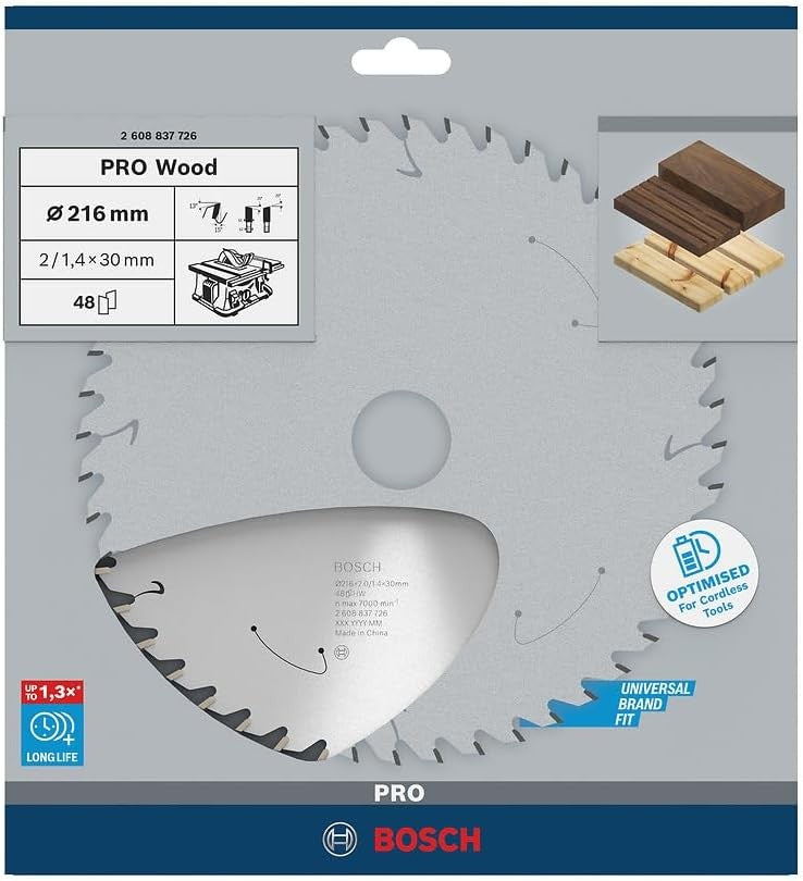 BOSCH 2608837726 Lâminas de Serra Circular para Madeira Serras de Mesa sem Fio para Madeira Macia Madeira Dura 216×1.7/1.2x30mm T48 Acessórios para Ferramentas Elétricas