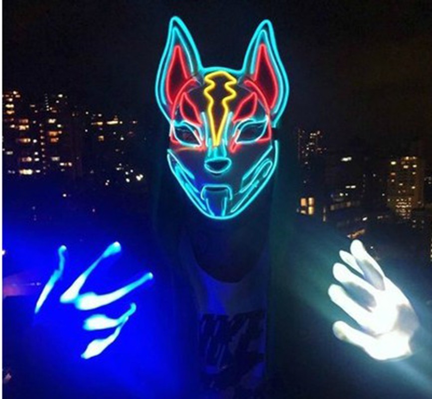 LED Fox Mask Neon Light Up Japanese Kitsune Mask for Halloween Cosplay Party Rave Festival Costume Glowing EL Wire Masque