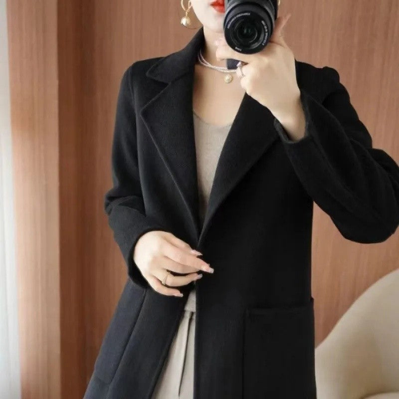 Ladies' Fashionable Woolen Coat Autumn Winter High End Medium Length Leisure Style Woolen Outerwear Pure Color Full Sleeve