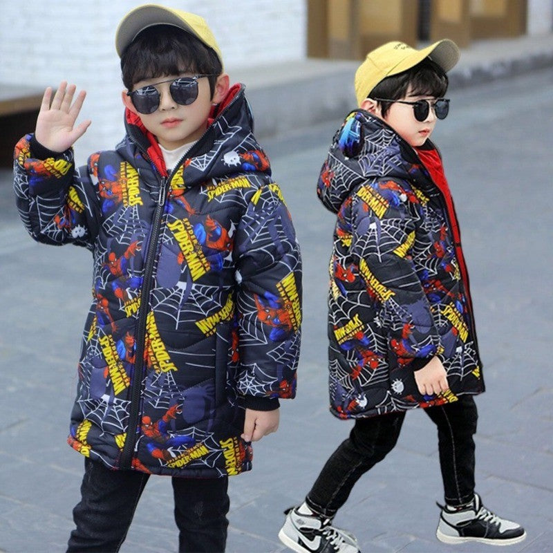 Anime Marvel Homem-Aranha fofo criativo desenho animado padrão inverno novo jaqueta acolchoada de algodão com capuz de comprimento médio reversível quente e espessa