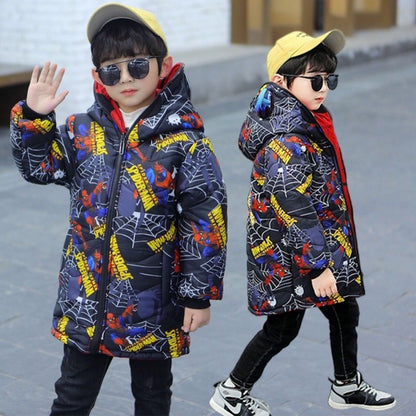 Anime Marvel Homem-Aranha fofo criativo desenho animado padrão inverno novo jaqueta acolchoada de algodão com capuz de comprimento médio reversível quente e espessa