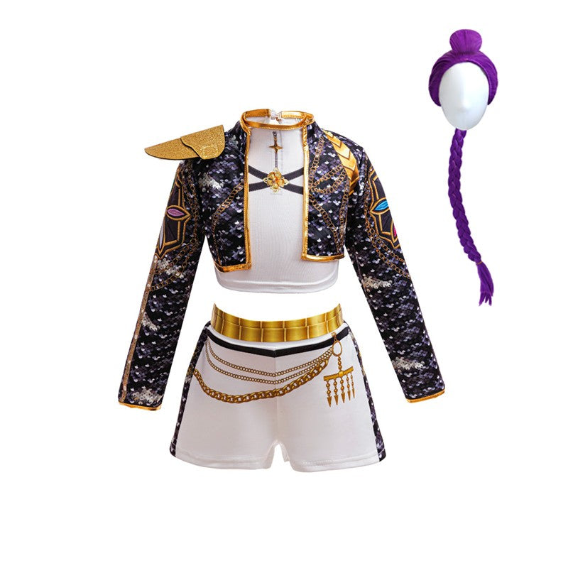 Girls Black?Gold 3D Printed Jacket Shorts Cosplay Set Kids Outfit for Stage Show Birthday Party Halloween Carnival Dress?Up
