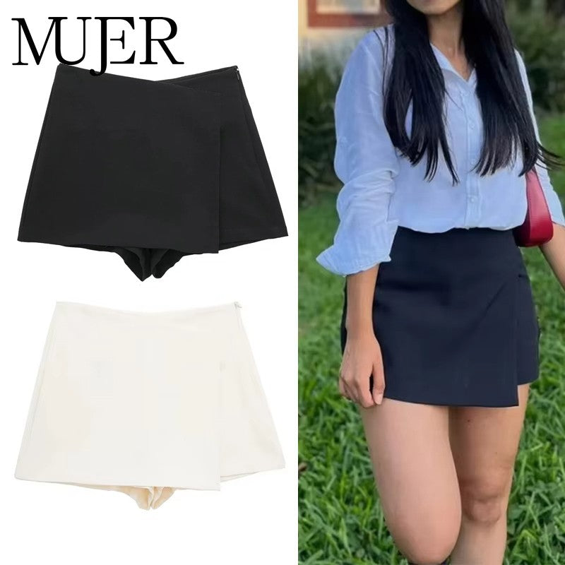 MUJER 2025 Asymmetric Skort For Women Black High Waist Mini Skirt Shorts Women C