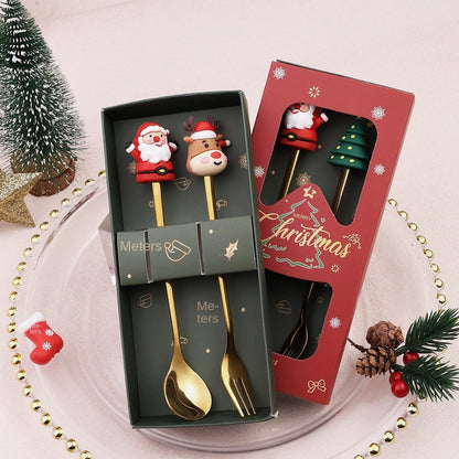 Warm Christmas Gift! Creative Santa Doll Dessert Spoon Fork 2-Piece Set Portable Tableware in Gift Box Sweet Surprise Friends