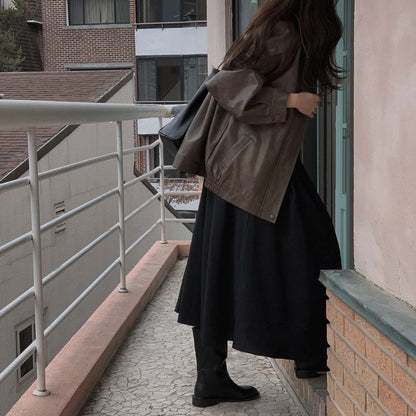 Sli Loose PU Leather Jaet Women's Chic Retro Collar Versatile BF Sle Motorcycle Clothes Trendy Long Sve Zipper