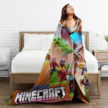 Cartoon Mines Pixel Game Crafts Flannel Blanket Super Warm Throw Blanket for Home Decor Decorative Street Trend Bedspread