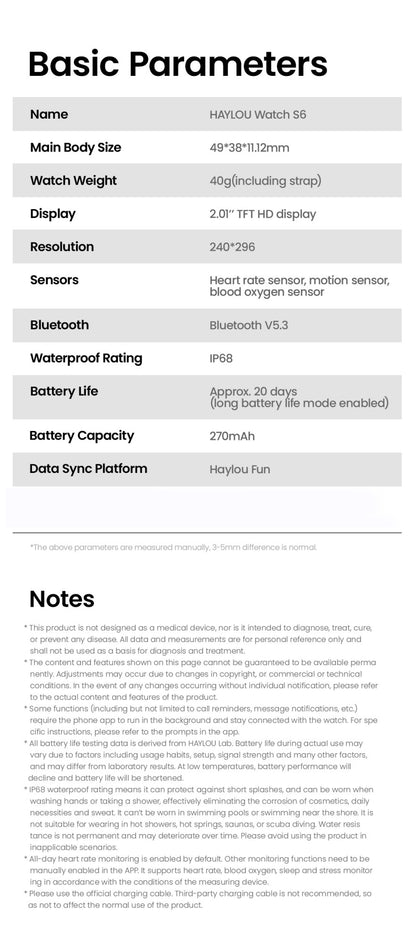 Smartwatch HAYLOU Watch S6 Tela HD de 2,01" Smartwatch Chamadas de Voz Bluetooth Monitoramento Fitness à Prova D'Água IP68