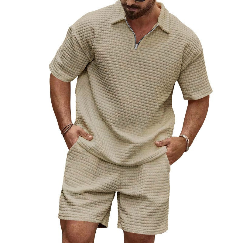 2024European and American Men's Spring and Summer Trends Youth Outdoor Lapel Small Plaid Short Sleeve Shorts Sports Suit
