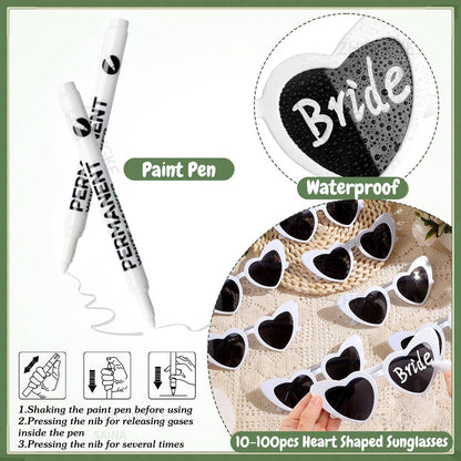 100-10Pcs DIY Wedding Sunglasses Personalised Heart Sunglasses with Pen Bachelorette Party Glasses Bridesmaid Gifts for Guests