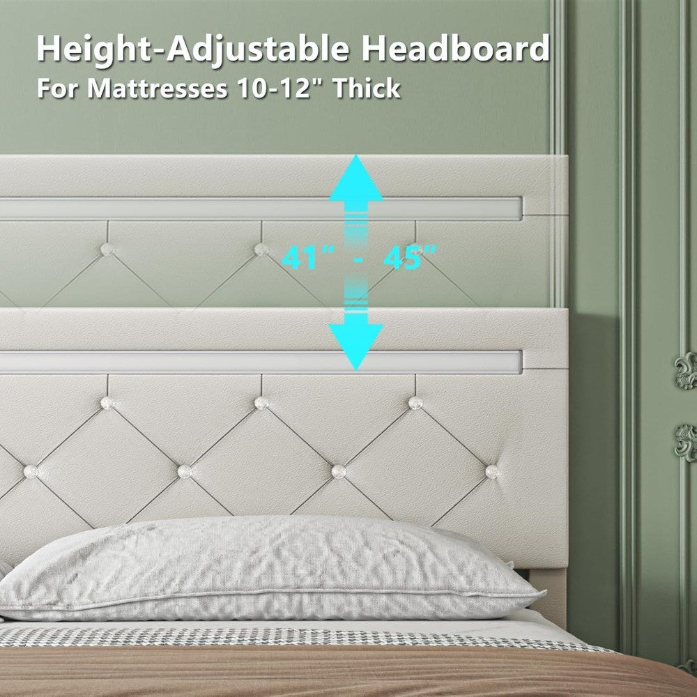 Bed Frame Full Size with LED Light and Storage Drawers, Adjustable Headboard with PU Leather Upholstered, 2 Sockets and 2 USB
