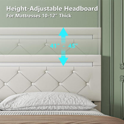 Bed Frame Full Size with LED Light and Storage Drawers, Adjustable Headboard with PU Leather Upholstered, 2 Sockets and 2 USB
