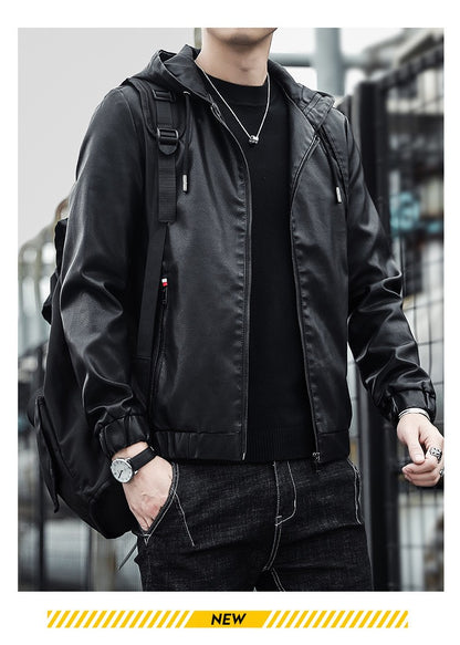 2025 Trending Men's Leather Jacket, Hooded Slim Fit Korean Style Biker Casual Coat