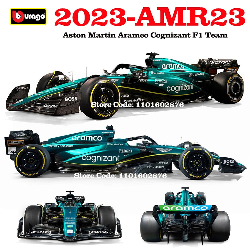 Bburago 1:43 F1 Aston Martin Aramco F1 Team AMR23 2023 #14 Alonso #18 Stroll Carro de Liga Metálica Modelo Fundido Colecionável