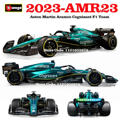 Bburago 1:43 F1 Aston Martin Aramco F1 Team AMR23 2023 #14 Alonso #18 Stroll Carro de Liga Metálica Modelo Fundido Colecionável