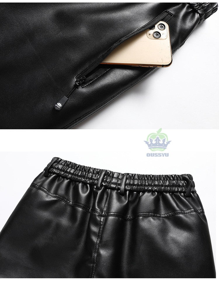 OUSSYU Brand High Quality Winter Outdoors Fleece Warm Pants Men Zippered Pocket Business Straight Flocking PU Trousers Plus Size