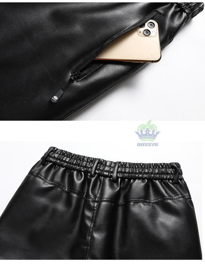 OUSSYU Brand High Quality Winter Outdoors Fleece Warm Pants Men Zippered Pocket Business Straight Flocking PU Trousers Plus Size