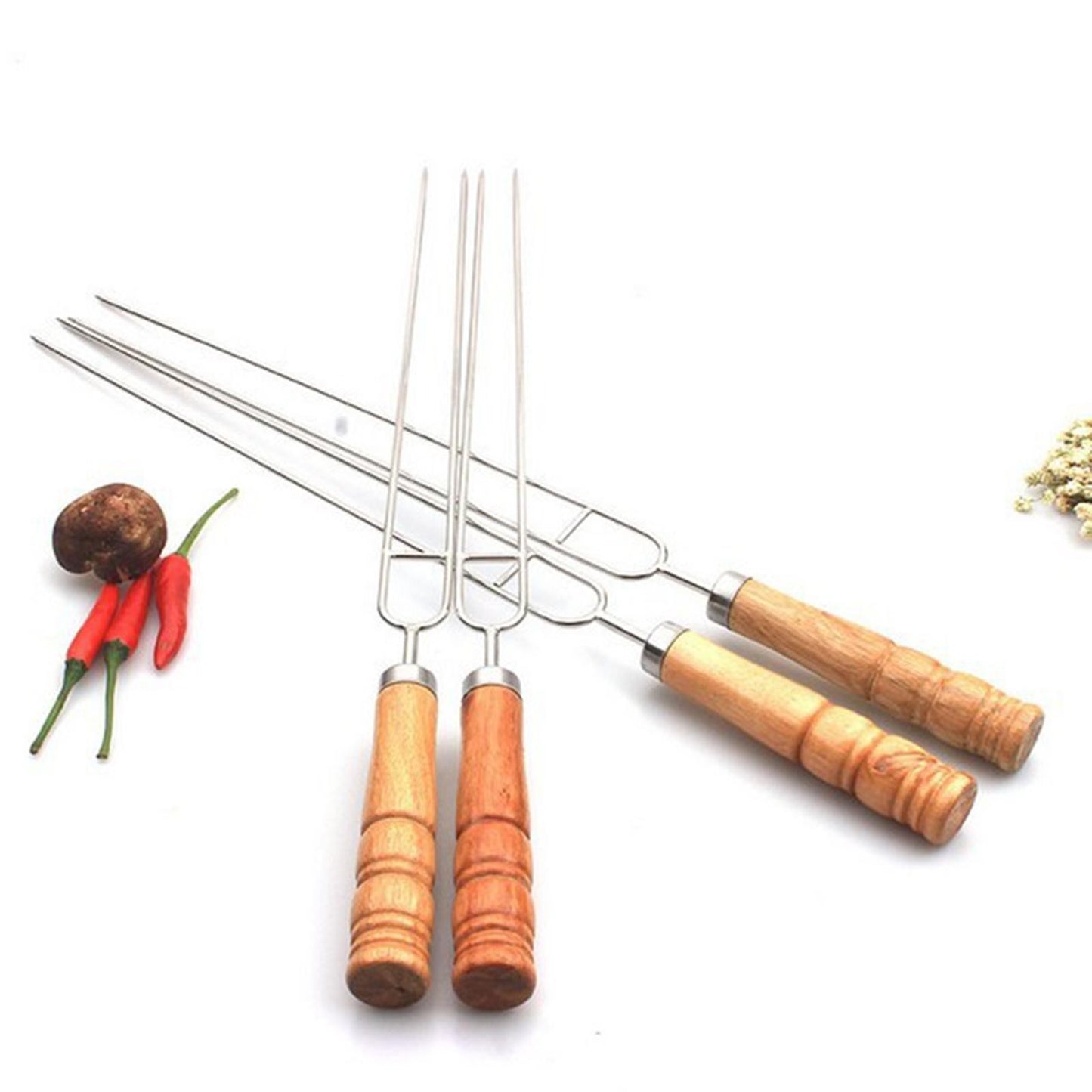 6pcs Barbecue Grill Fork Stainless Steel U-Shaped BBQ Skewer With Anti-scald Wooden Handle Metal Fork Set for Outdoor BBQ Grill
