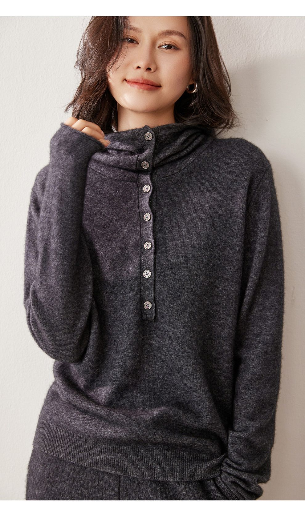 Autumn Winter New 100% Pure Cashmere Women Half Open Front Hoodie Set Knitted Two Piece Pullover Knitwear Wide Leg Pants