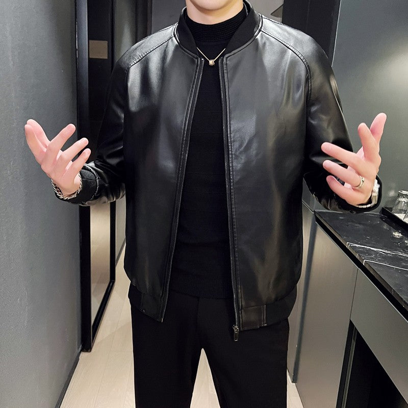 Men SprAutumn Thin Style Motorcycle Leather Jacket Fashionable Motorcycle Leather Jacket Fabric Soft Version Slim Simple Coat