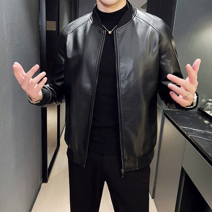 Men SprAutumn Thin Style Motorcycle Leather Jacket Fashionable Motorcycle Leather Jacket Fabric Soft Version Slim Simple Coat