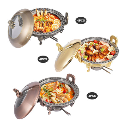 4PCS Chafing Dishes, Classical Round Chafing Buffet Set, Stainless Steel Chafers and Buffet Warmers Sets for Gatherings, Events