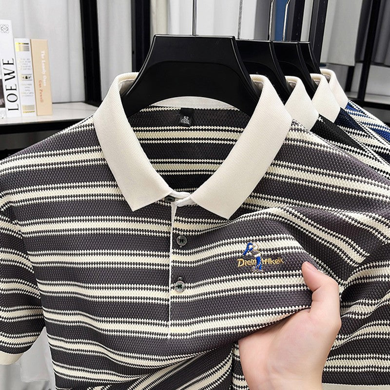 2025 Brand Collar Thin Top Men's Summer Business Casual Fashion Striped Short Sleeved Polo Shirt Breathable T-shirt