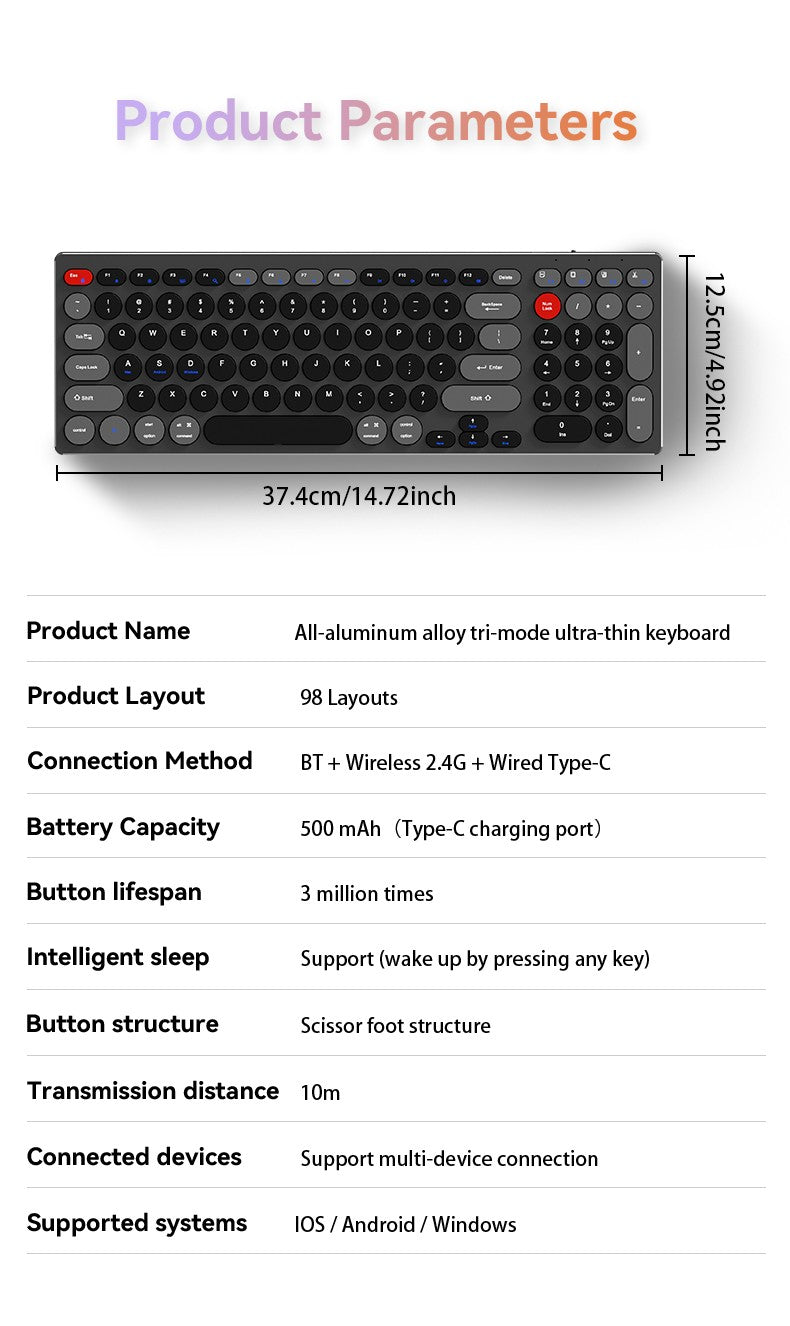 98-Key Ultra-Thin Aluminum Silent Keyboard with Scissor-Switch, Tri-Mode BT/2.4G/Type-C Connectivity&Ergonomic Design for Typing