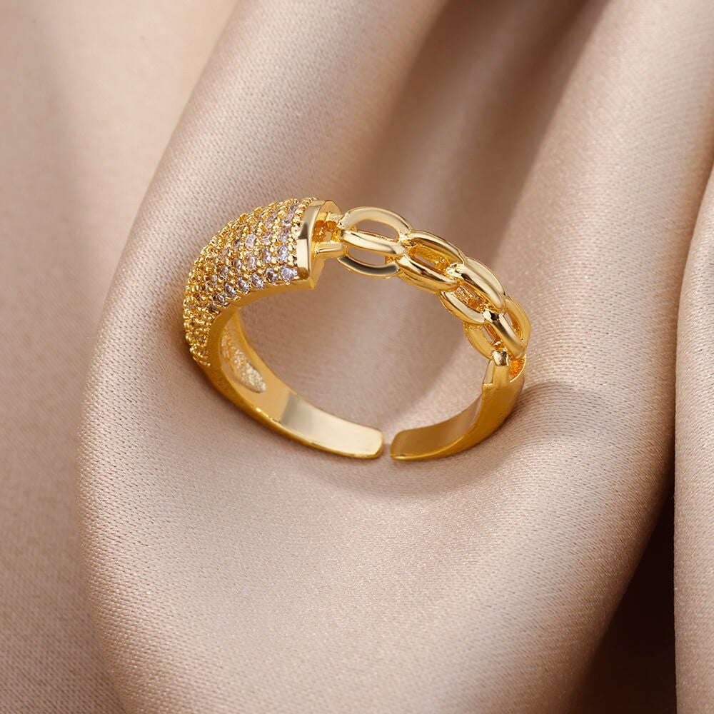 Anéis de Aço Inoxidável Banhados a Ouro com Cristal para Mulheres Corrente Geométrico Zircônia Anel de Dedo Joia Presente anillos mujer 2025 Novo e Moderno