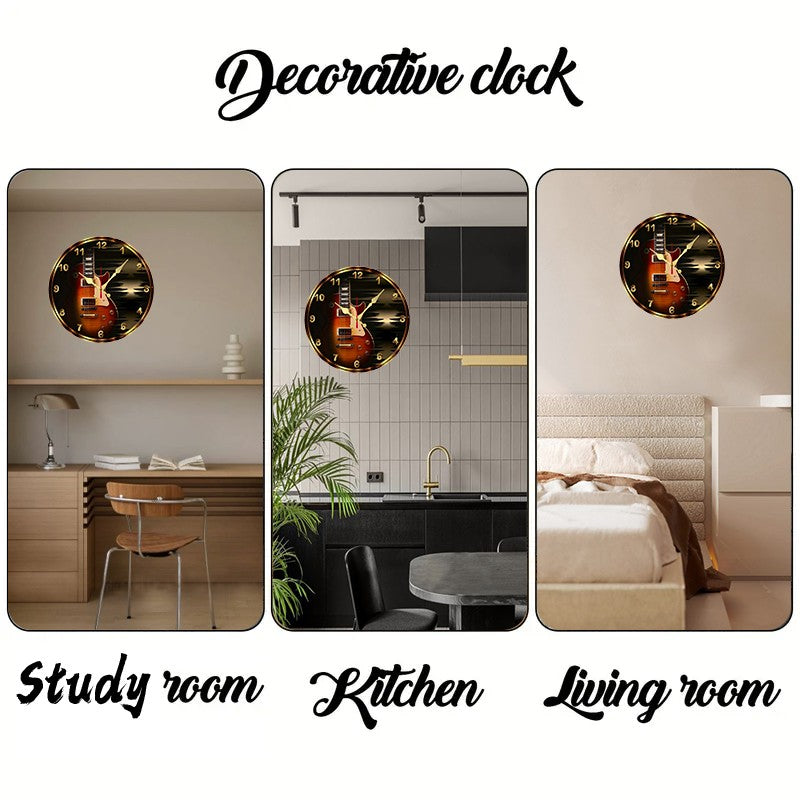 Rustic Violin Wooden Round Silent Hanging Wall Clock, Suitable For Living Room, Office, Study Room, Bedroom, Home Decoration