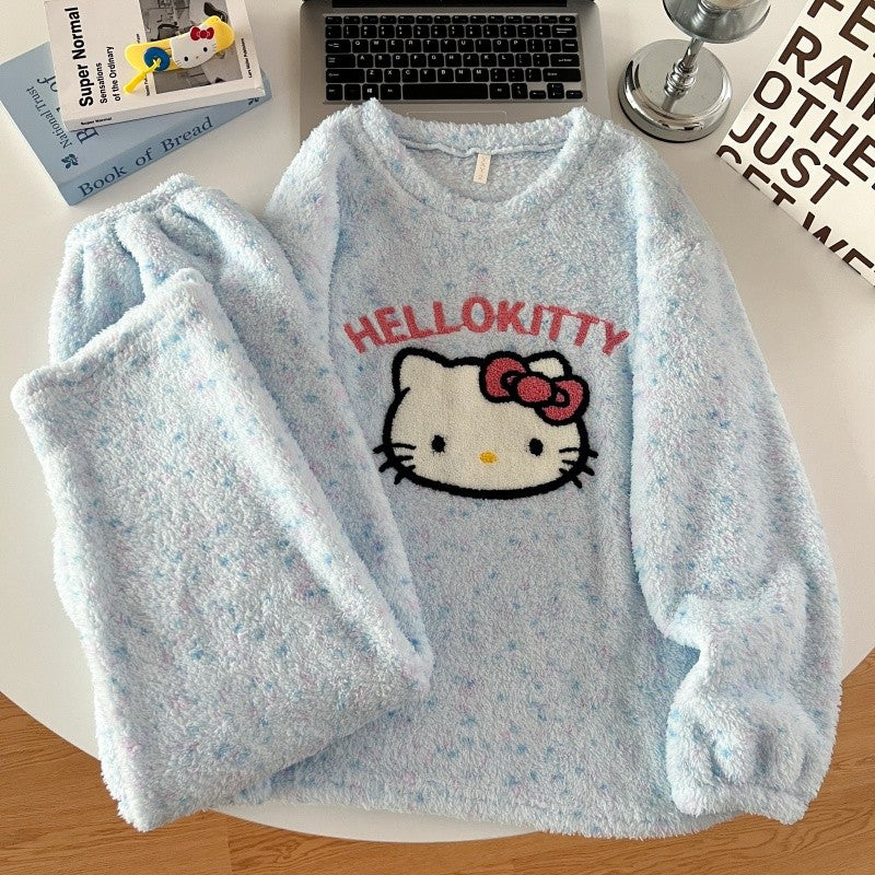 Thickened Warm Women‘s Sleepwear Cartoon HelloKitty Women's Pajamas Set Winter New Cute Fashion Two Sets Nightwear Loungewear