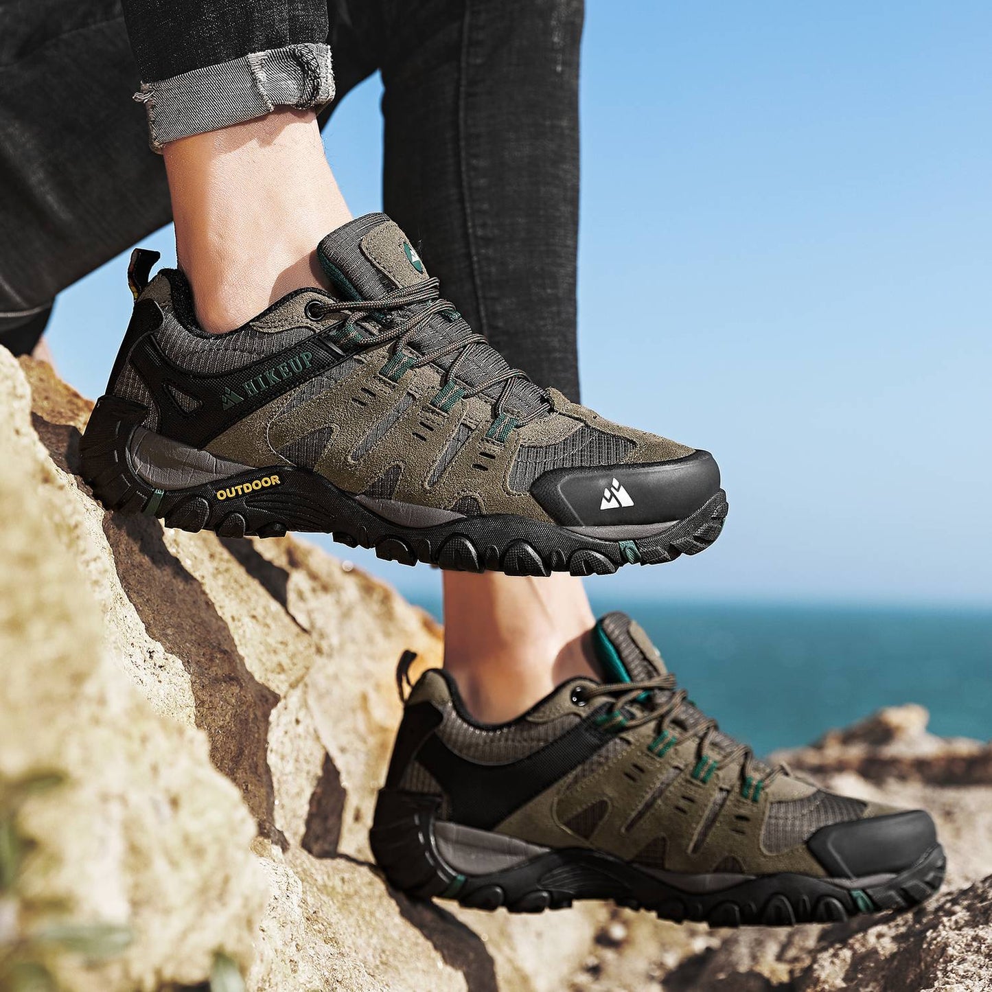 HIKEUP Tênis Masculino de Caminhada em Couro Camurça, Calçados Outdoor Resistentes ao Desgaste Masculinos para Trekking, Caminhada, Caça e Tênis Táticos