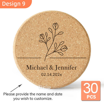 30pcs Personalized Cork Coasters-Tieiw Design-Wedding Favor for Guests Party Bridal Shower Corporate Engraved Coaster Gifts Bulk