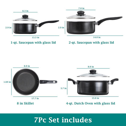 7 Piece Non Stick Aluminum Cookware Set Includes Saucepans Dutch Oven Frying Pan Lightweight Durable Ideal Cooking and Easy