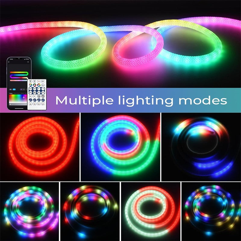 360 Degree Round Reticulate Neon LED Strip with Remote Control,RGBIC Nylon Flexible Dream Colorful Rope Light For Bedroom Living