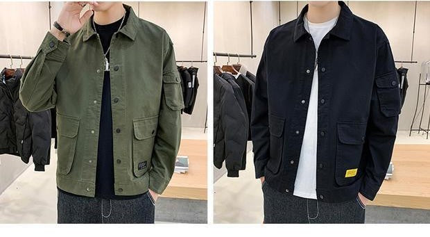 Men's Casual Jacket Spring Autumn Button Lapel Work Coat New Solid Color Multi-pocket Tops Men Fashion High Quality