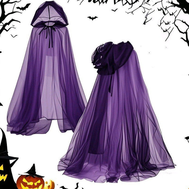 Halloween Ghost Cosplay Outfit Long Mesh Hooded Cloak Grim Reaper Witch Costume For Stage Performance Party Show