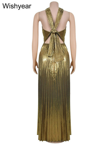 Wishyear Women's Sexy Ruched Patchwork Bodycon Dress Halter Sleeveless Backless for Autumn Birthday Party Evening Christmas Prom