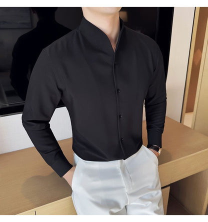 Advanced Sexy V-neck Men's Long Sleeved Shirt Designer Stand Up Collar Shirt Business Social Slim Fit Black and White Top