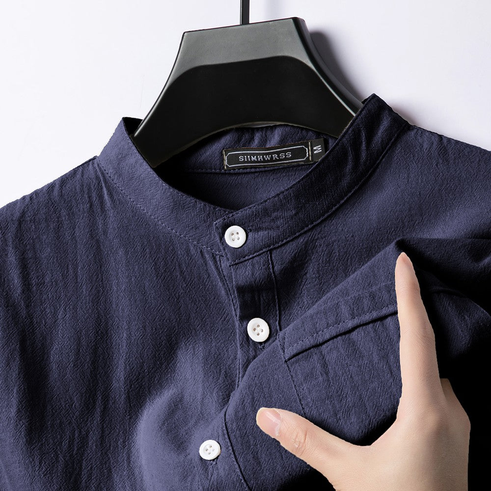 Summer Men's Stand Up Collar T Shirts Solid Color Short Sleeve Linen Shirt Trendy Breathable Loose Lightweight Basic Pocket Top