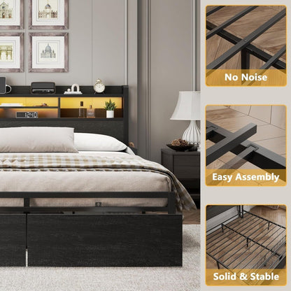 Cama Box de Casal com Estrutura de Madeira, Cama Box de Casal com Plataforma de Metal, 2 Gavetas de Armazenamento e Prateleira, Luzes de LED