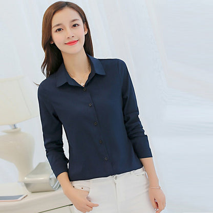 GAOKE OL Work Wear White Blue Blouse  Long Sleeve Turn-down Collar Formal Elegant Female Shirt Ladies Tops School