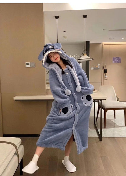 Disney Stitch Winter Pajamas Cartoon Autumn And Winter Cute Coral Thickened Velvet Long Home Clothes Pajamas Girls Home Clothes
