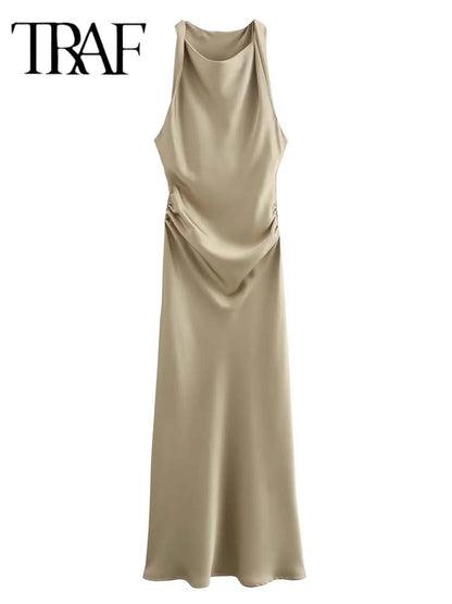 TRAF Satin Long Dresses for Women 2024 Summer Slip Midi Dress Woman Sexy Evening