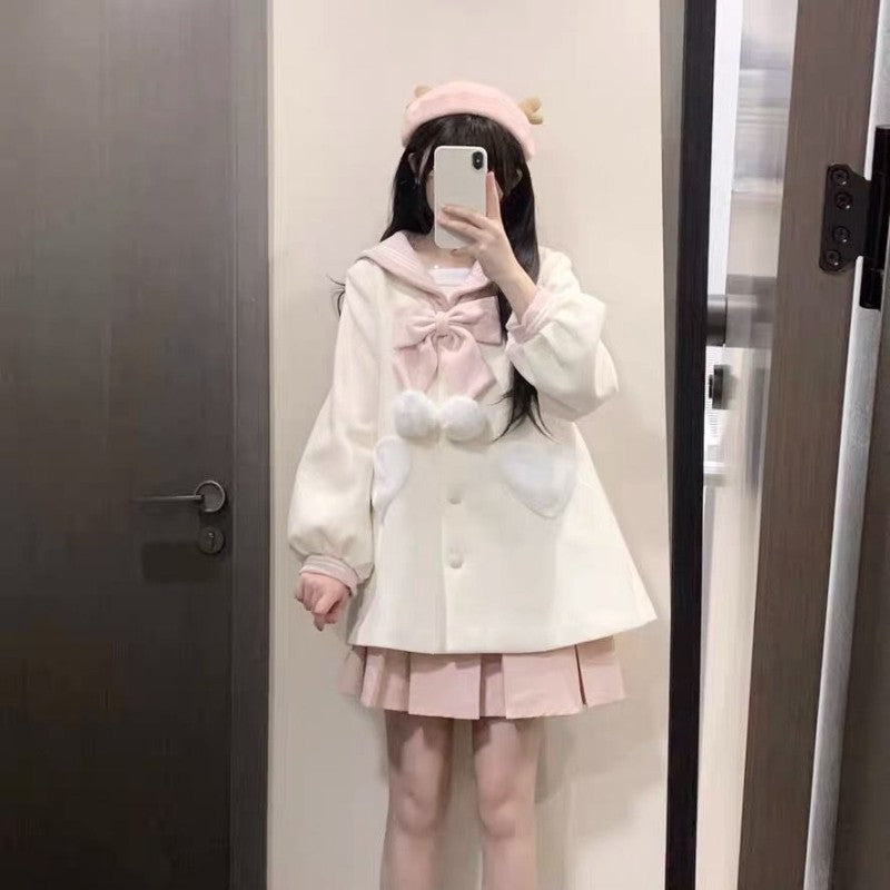 Japanese Sweet Bow Sailor Collar Black Tweed Coat Fashion All-match Jk Jackets for Women 2025 Autumn New Long Sleeve Tops Mujer