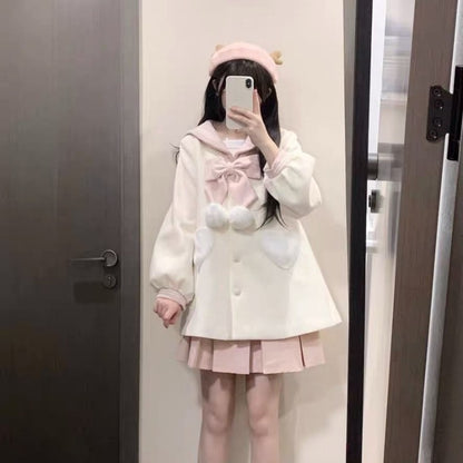 Japanese Sweet Bow Sailor Collar Black Tweed Coat Fashion All-match Jk Jackets for Women 2025 Autumn New Long Sleeve Tops Mujer